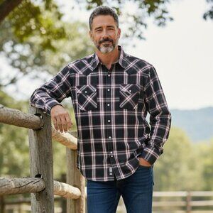Ely Cattleman Men Size XL Black Plaid Long Sleeve Pearl Snap Front Western Shirt